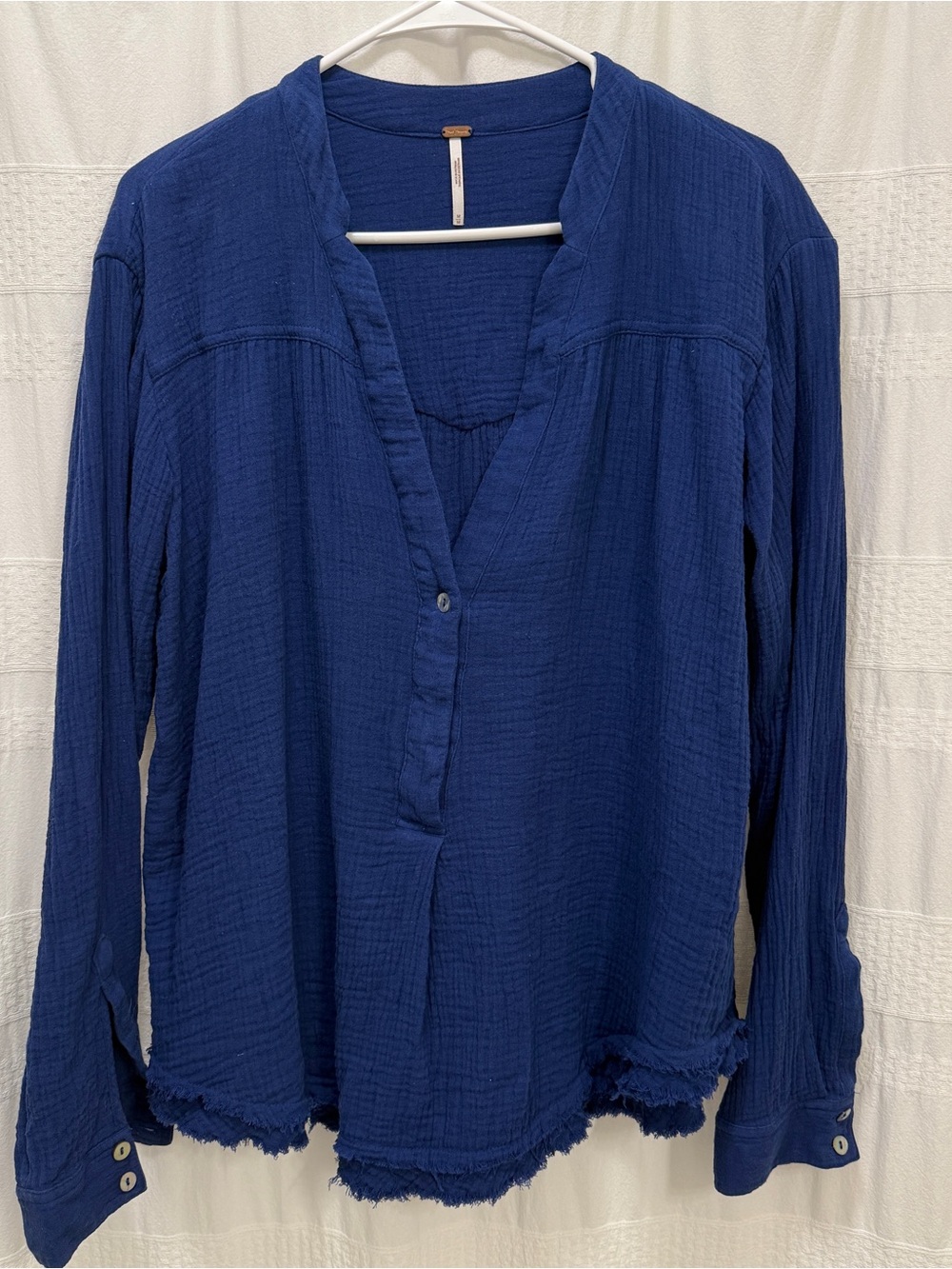 Free People Changing Horizons Raw Hem Navy Blue Shirt Women Medium Gauzy LS Boho